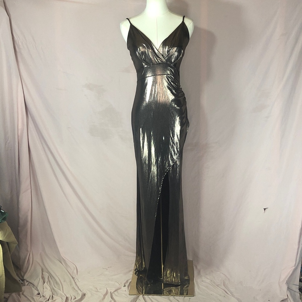 Windsor Metallic Bronze Slip Maxi Dress with Side Slit Prom Size Small Medium